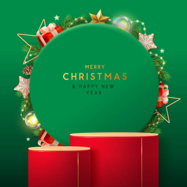 istock Holiday Christmas showcase green background with 3d red podium and Christmas decoration. Abstract minimal scene. Vector illustration 1784162392