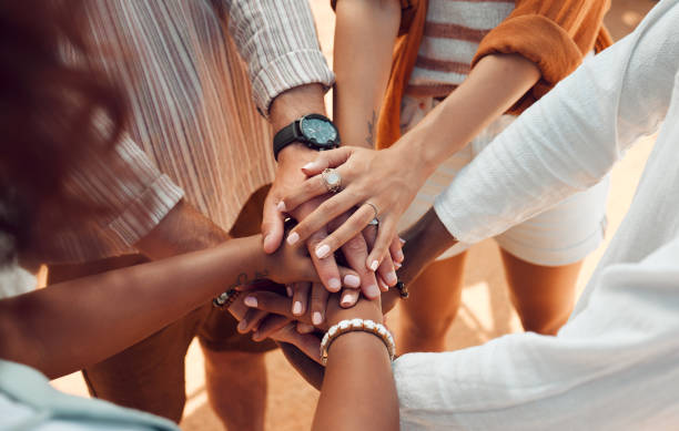 istock Hands, support and collaboration for fun friends on summer holiday in safety, security and trust promise. Zoom, men or women in diversity circle on travel for community, solidarity or bonding support 1784162979