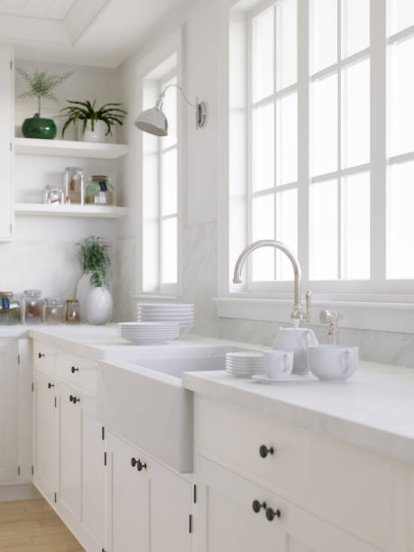 istock Kitchen sink by the window with dishes. Stylish, bright kitchen in traditional style. 3D rendering 1784163548