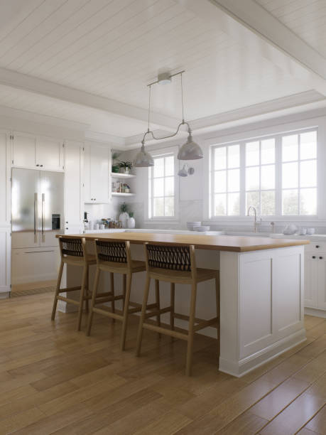 istock White U-shaped kitchen with windows, kitchen appliances and utensils. Stylish, bright kitchen in a traditional style. 3D rendering 1784163554