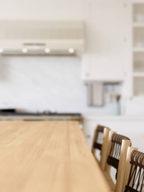 istock Wooden countertop, empty surface to place your goods, with a blurred kitchen background in the background. Stylish, bright kitchen in traditional style. 3D rendering 1784163574