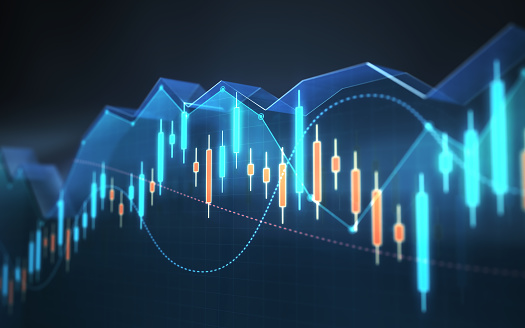 3d Render Business and Financial and Technical Data Chart sitting on Blue background,can be used for investment, finance, stock market, marketing concepts (Depth Of Field)