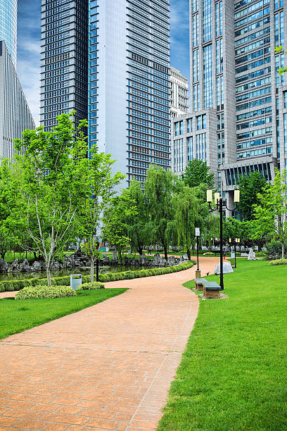 istock path through a green city park with modern building 178417549