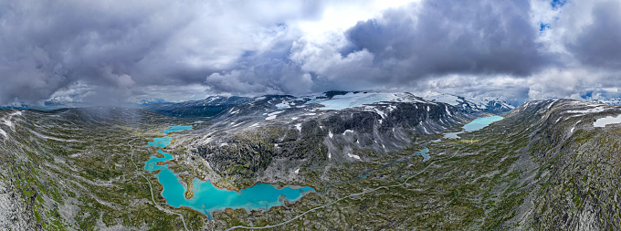 Aerial view above the glaciers melting into the permafrost of Jostedalsbreen National Park