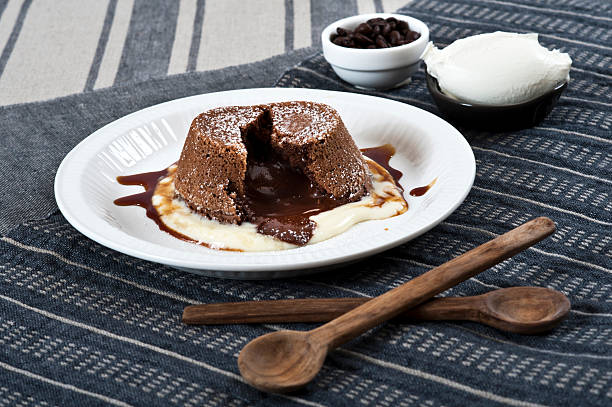 Chocolate flan with coffee and ice-cream stock photo