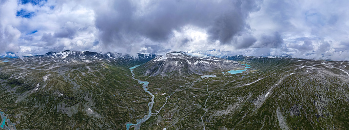 Aerial view above the glaciers melting into the permafrost of Jostedalsbreen National Park