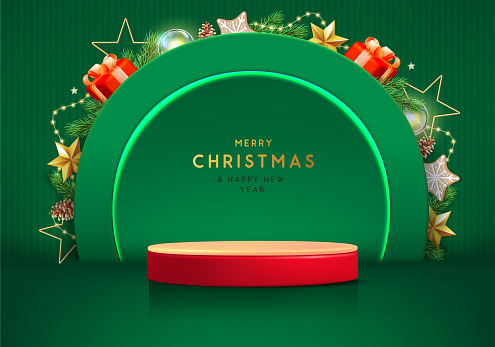 Holiday Christmas showcase green background with 3d red podium and Christmas decoration. Abstract minimal scene. Vector illustration