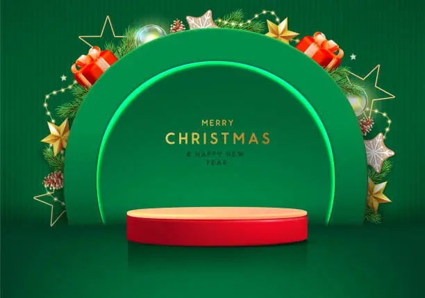 Vector illustration of Holiday Christmas showcase green background with 3d red podium and Christmas decoration. Abstract minimal scene. Vector illustration