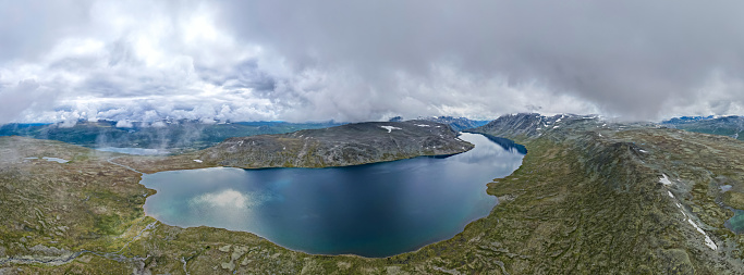 Aerial view above the highlands, Mountains and Lakes of Jotunheimen Norway