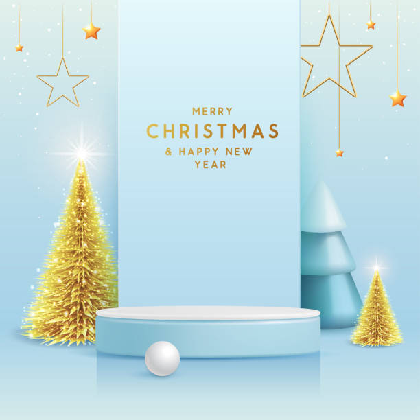 Holiday Christmas showcase blue background with 3d podium and Christmas tree. Abstract minimal scene. Vector illustration Holiday Christmas showcase blue background with 3d podium and Christmas tree. Abstract minimal scene. Vector illustration christmas star shape christmas lights blue stock illustrations