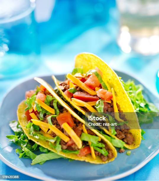 Mexican Food Hard Shell Beef Tacos Stock Photo - Download Image Now - Beef, Blue, Cheddar Cheese