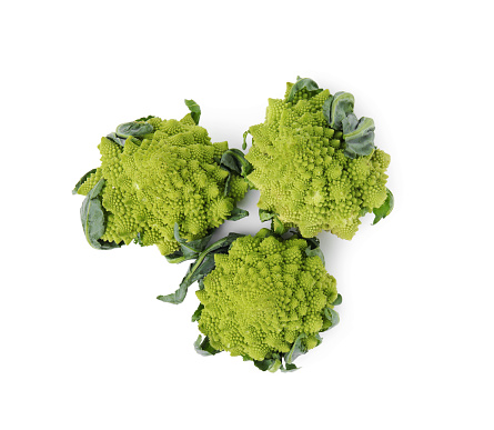 Fresh Romanesco broccoli on white background, top view