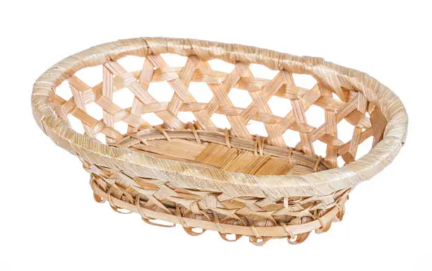 Wickerwork empty yellow breadbasket on white background