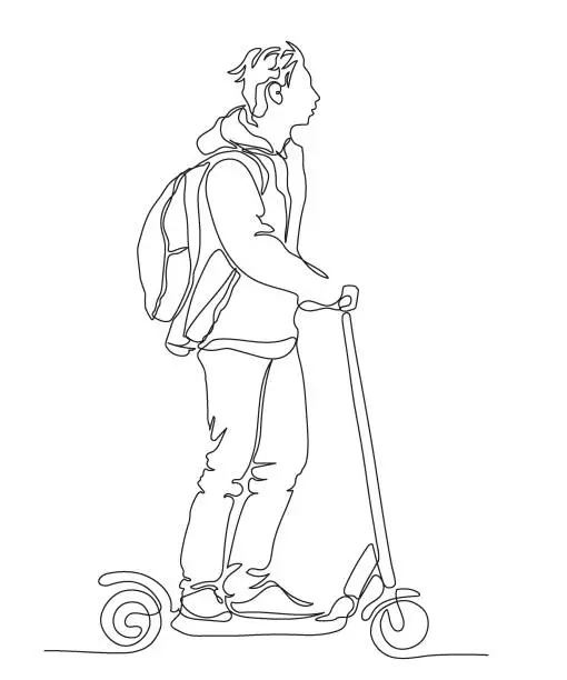 Vector illustration of Man with backpack riding push scooter. Wearing jacket with hood. Mobile city transport in new reality. Continuous line drawing. Black and white vector illustration in line art style.