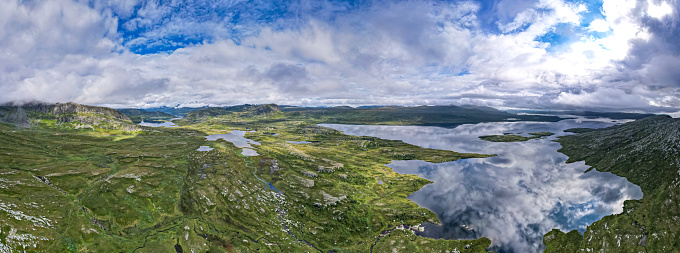 Aerial view above the highlands, Mountains and Lakes of Jotunheimen Norway