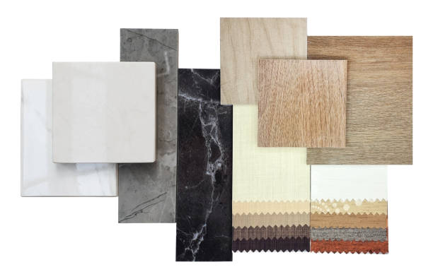 istock combination of interior material samples contain oak wooden ceramic flooring tiles, drapery fabric catalog palette, marble stones, stone granite tiles isolated on background with clipping path. 1784216453