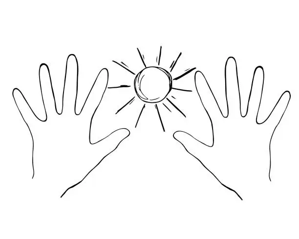 Vector illustration of Hands and sun, Reaching for the Sun, protection from sun, natural power of solar energy. Doodle style, vector illustration of sun and human hands. Sunburst illustration.