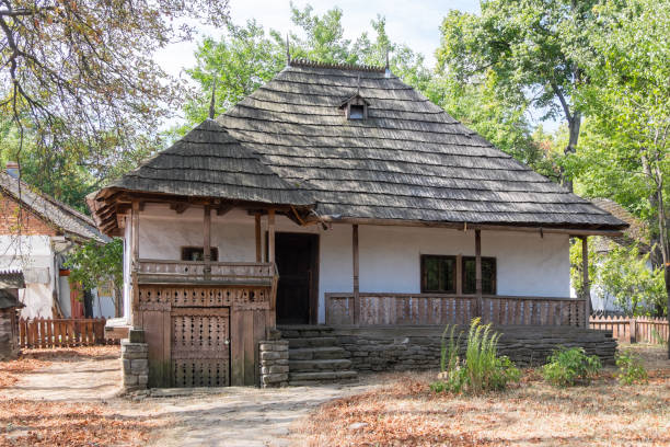 Bucharest, Romania - September 07, 2023: House in the Satului Ethnographic Museum inside Herastrau Park