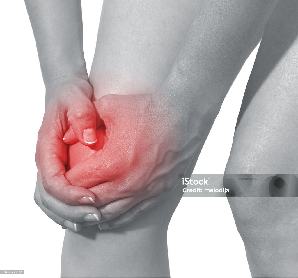 Acute pain in a woman knee Acute pain in a woman knee. Isolation on a white background Adult Stock Photo