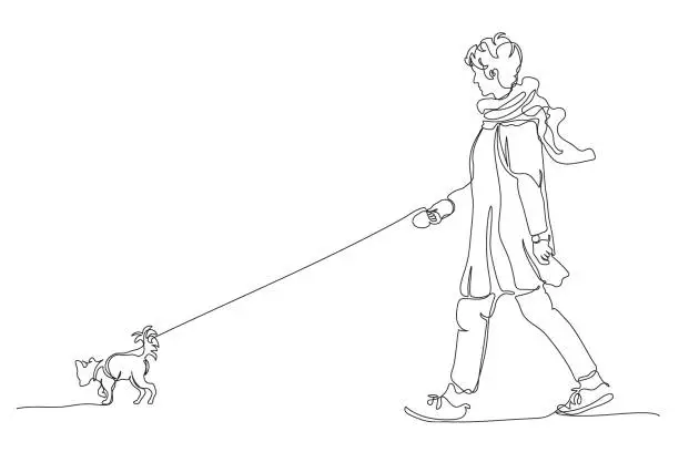 Vector illustration of Woman with small dog walking. Wearing light coat and scarf. Single line drawing. Black and white vector illustration in line art style.