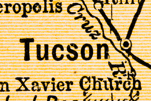 US City names, extreme close up on antique map: Tucson, Arizona