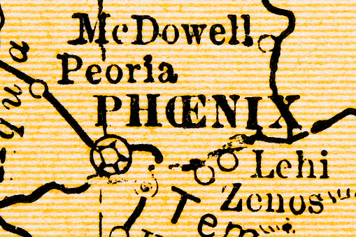 US City names, extreme close up on antique map: Phoenix, Arizona