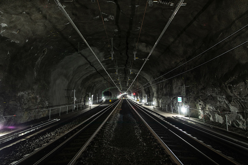 Underground railway tracks during construction of metro.