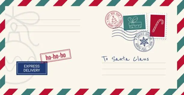 Vector illustration of Blank Christmas mail envelope to Santa Claus with postage stamp. Vector illustration of Christmas postcard for wish list.  Cartoon style.