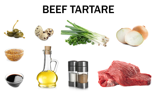 Set with different fresh ingredients for tasty beef tartare on white background