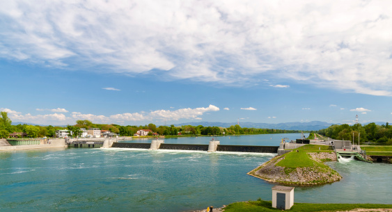 Reservoir of Vogelgrun Hydroelectric Power Plant on Rhine river