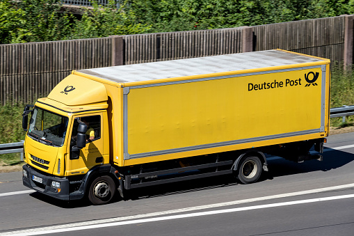 Wiehl, Germany - June 29, 2018: Deutsche Post truck on motorway
