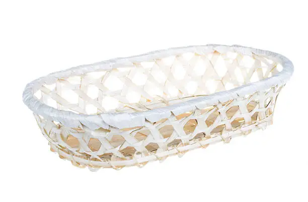 Wickerwork empty yellow breadbasket on white background