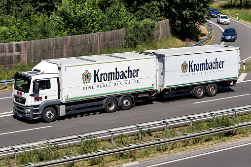 Wiehl, Germany - June 29, 2018: Krombacher truck on motorway