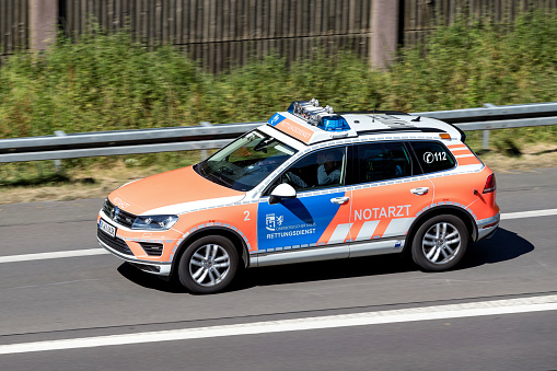 Wiehl, Germany - June 29, 2018:  emergency physician car of the Oberberg distict on motorway