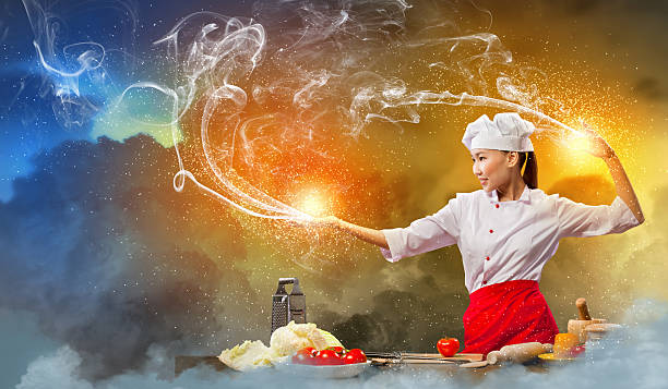 Asian female cooking with magic