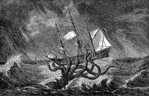 The Kraken as Seen by the Eye of Imagination, engraving by Edward Etherington from the book Monsters of the Sea by John Gibson. Vintage etching circa 19th century.