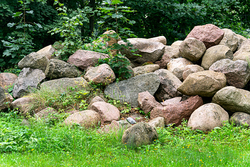 A pile of large granite stones collected from the field