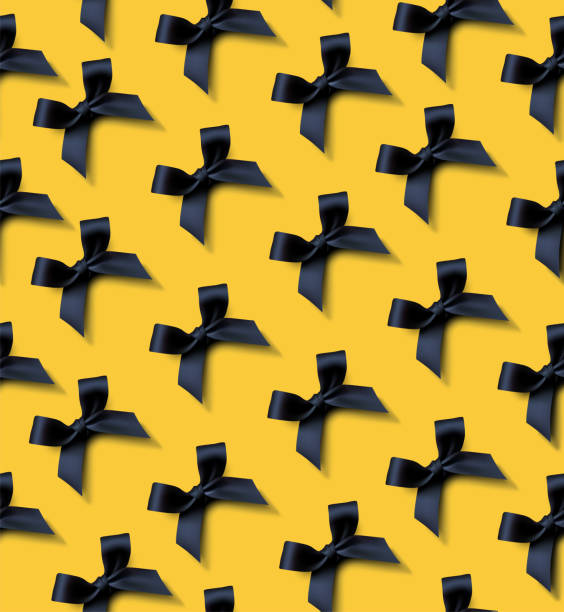 노란색 배경에 검은 리본��이 있는 완벽 한 패턴 - velvet black backgrounds textile stock illustrations