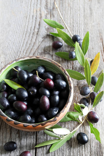 istock Black olives in a bowl and olives branch. 1784295280