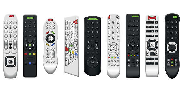 Tv remote controls with buttons in different designs. Wireless power media device to switch channel programmes remotely. Universal controllers of technology equipment, isolated vector illustration.