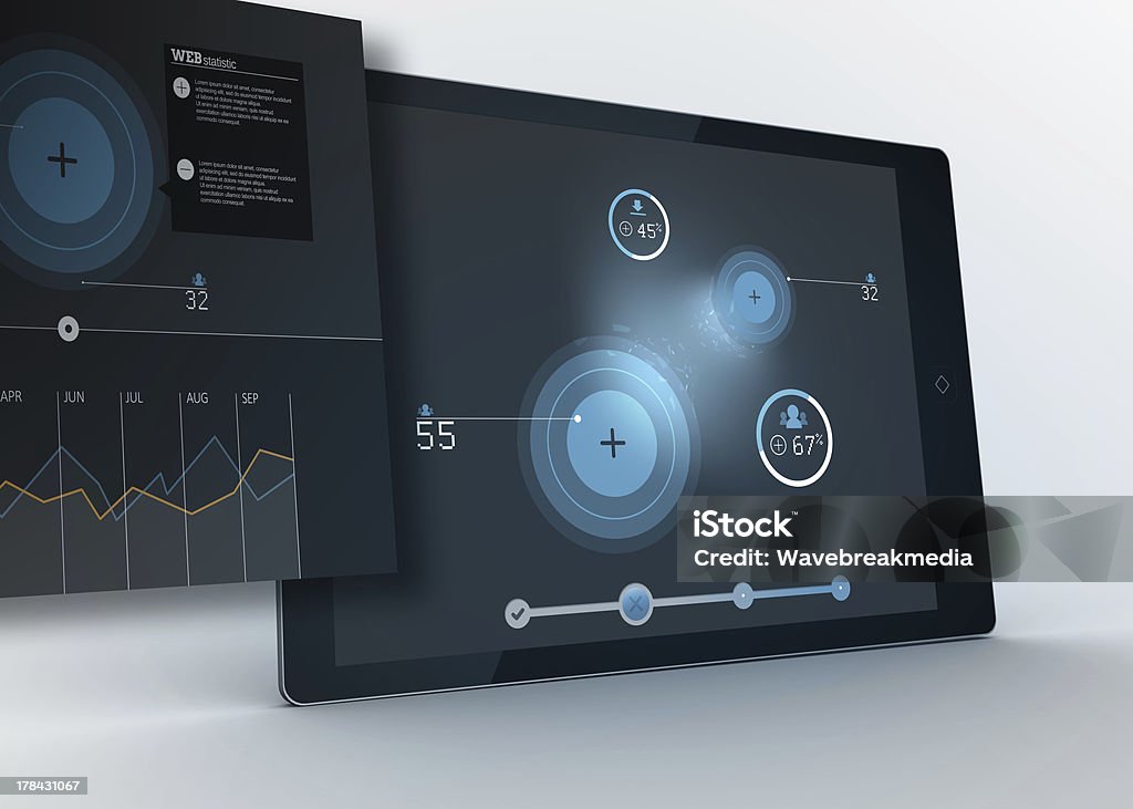 Tableta Digital mostrando datos y círculos con proyección - Foto de stock de Azul libre de derechos