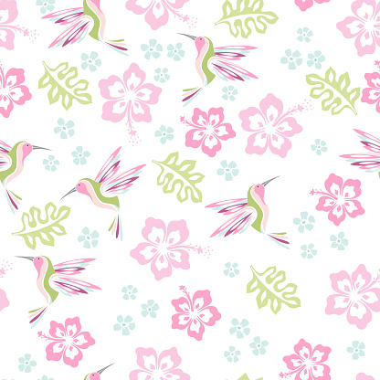 Bright hummingbird birds with tropical flowers and leaves. Seamless pattern