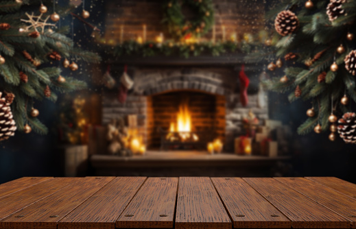 Christmas background of christmas pine tree and fireplace inside the living room.3d illustration.