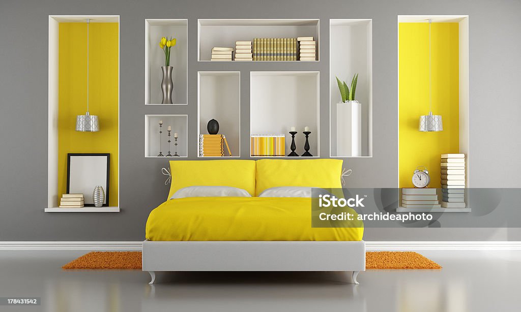 Yellow and gray modern bedroom Yellow and gray modern bedroom with double bed and niche - rendering Yellow Stock Photo
