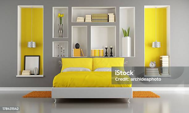 Yellow And Gray Modern Bedroom Stock Photo - Download Image Now - Yellow, Bedroom, Niche