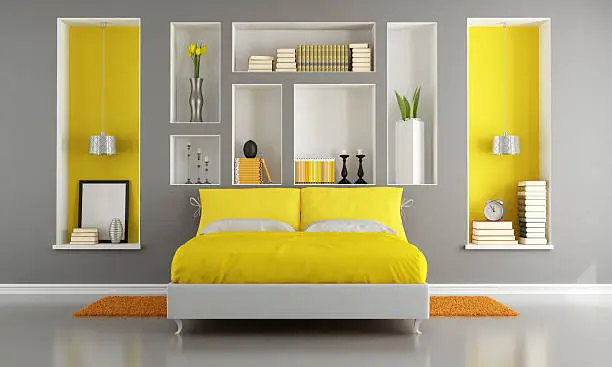 Yellow and gray modern bedroom with double bed and niche - rendering