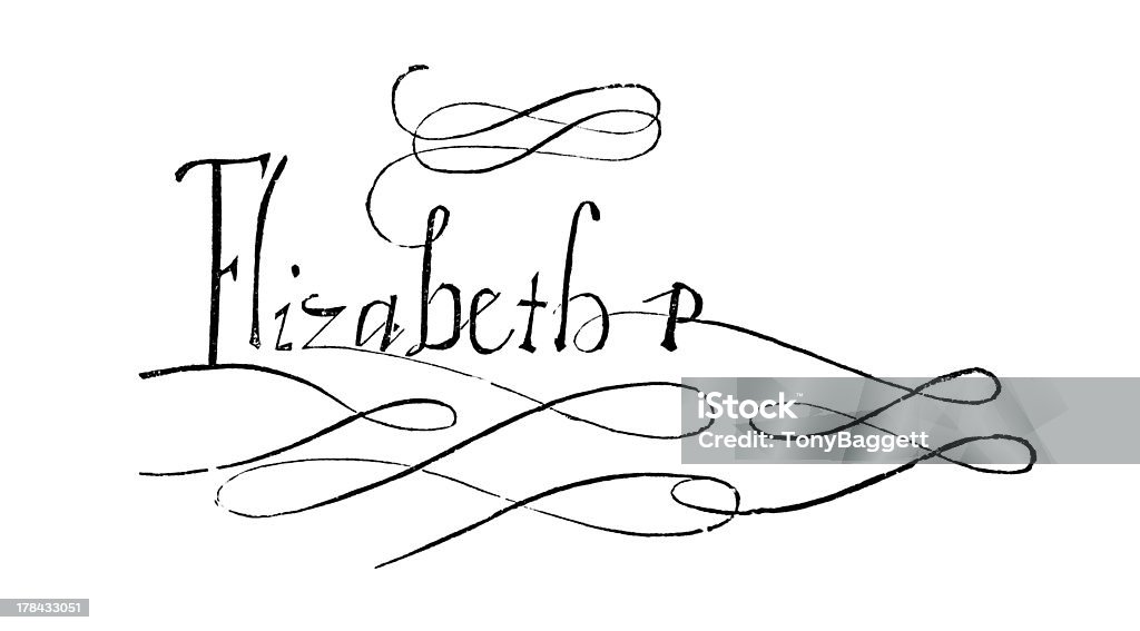 Elizabeth I Signature An engraved illustration image of the signature of Elizabeth I (1533-1603) queen of England, UK, sometimes known as the Virgin Queen and Good Queen Bess,  from a Victorian book dated 1883 that is no longer in copyright, Elizabeth I of England stock illustration