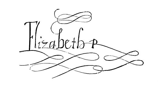 Elizabeth I Signature An engraved illustration image of the signature of Elizabeth I (1533-1603) queen of England, UK, sometimes known as the Virgin Queen and Good Queen Bess,  from a Victorian book dated 1883 that is no longer in copyright, elizabethan style stock illustrations