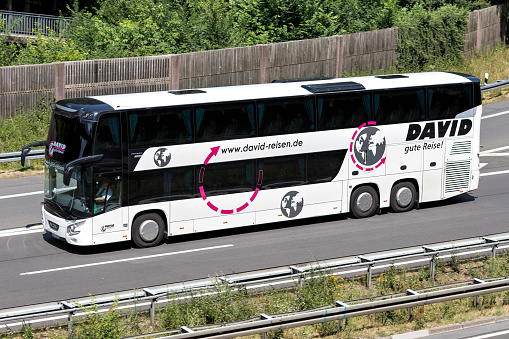 Taffs Well, near Cardiff, Wales - March 2022: Public service bus operated by Stagecoach driving on the A470 dual carriageway. The road links the south Wales valleys with the city.