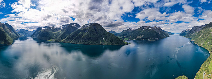 Aerial view of the reflection of the mountains in the Lakes and Fjords of Norway